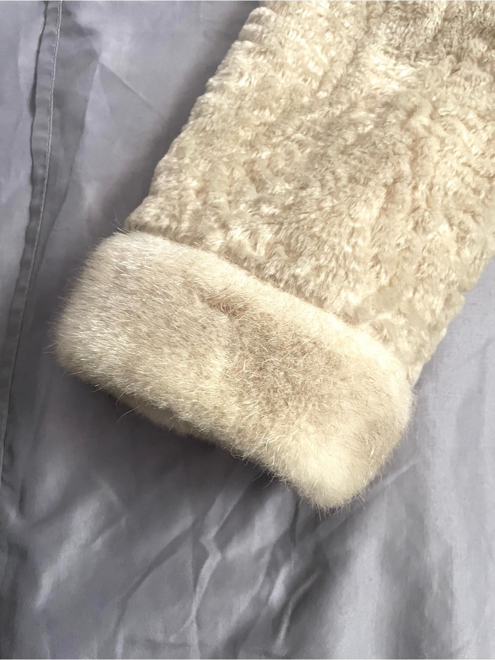 Vintage 60s Faux Fur Shawl Collar Coat Cream Waist Tie Satin Lining - Picture 8 of 15